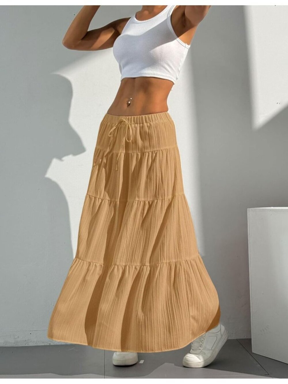 Women's Boho Flowy Khaki Maxi Skirt Flared Ruffle A Line Spring Long Skirts - Picture 6 of 6